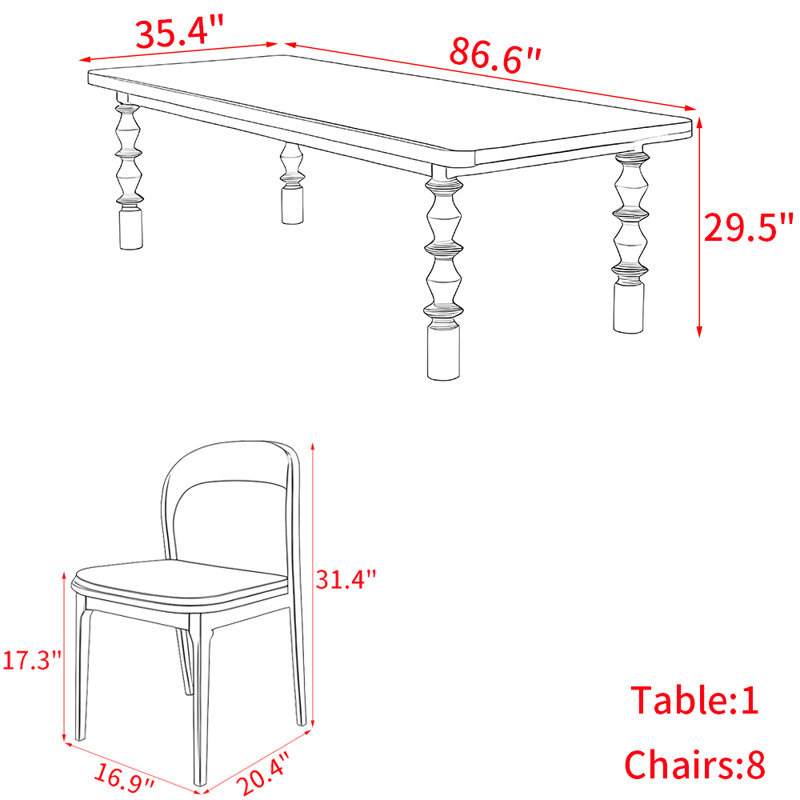 Ensemble de table en bois massif rétro de style français, H 29,5 po x L 86,6 po x l 35,4 po