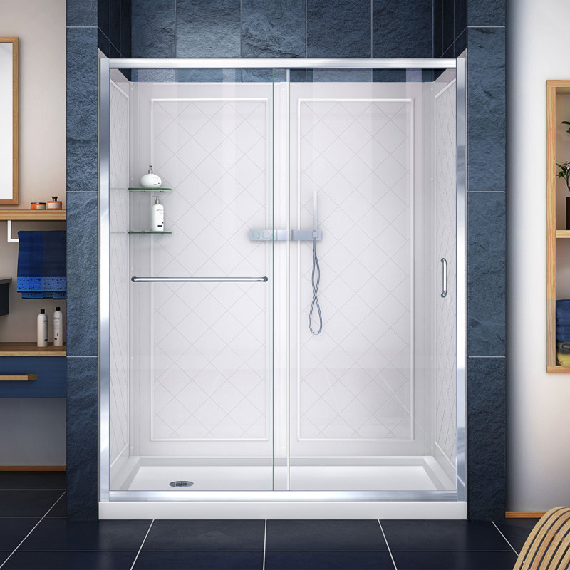 Infinity-Z 60" W x 30" D x 76.75" H Semi-Frameless Rectangle Shower Enclosure with Towel Bar and Base Included, Chrome, Clear