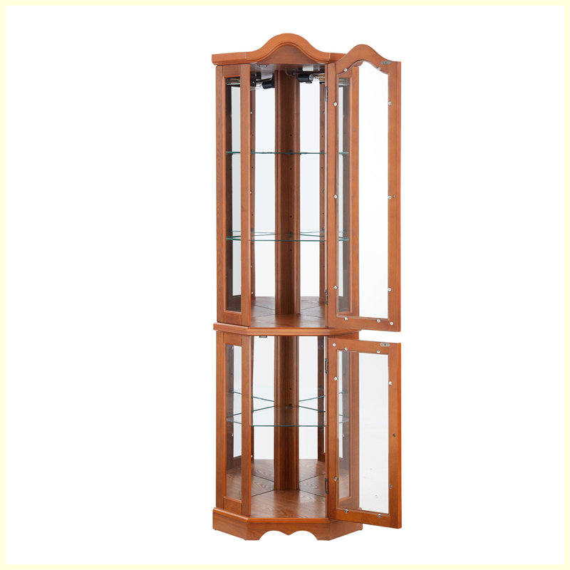 Vitrine de coin moderne lumineuse avec portes et tablettes en verre trempé, Chêne
