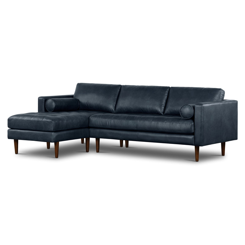 Napa Full-Grain Genuine Italian Leather Sectional, Left Hand Facing, Deepsky Blue Genuine Leather