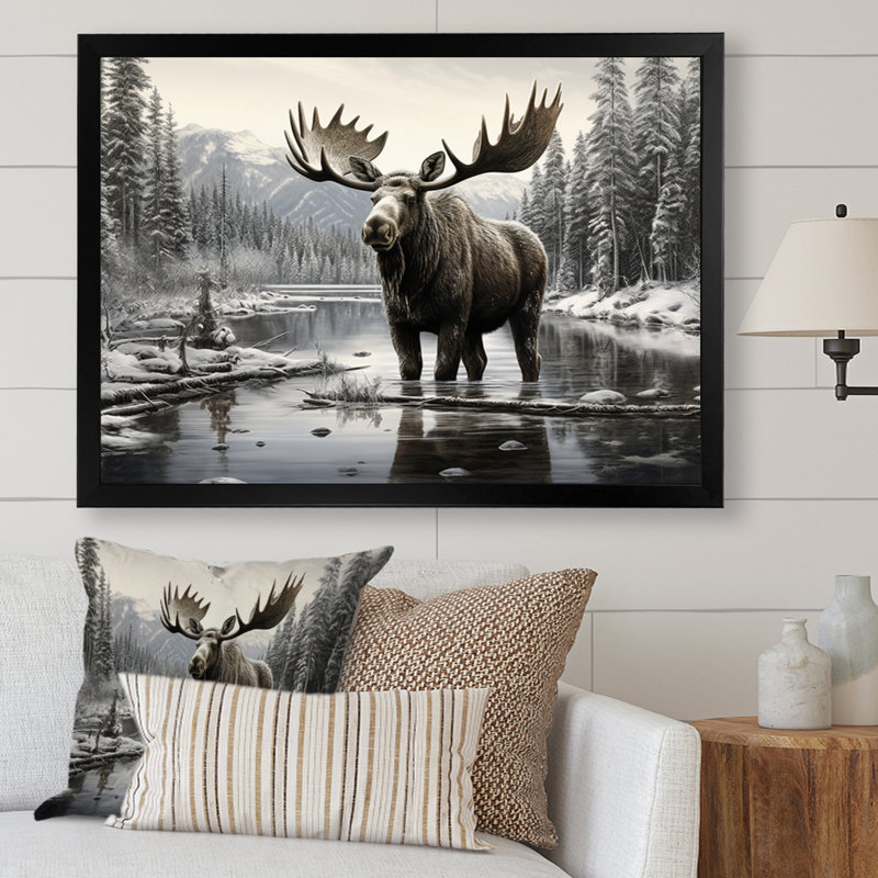 Orignal brun et blanc Winter Majesty - art mural orignal pour le salon, H 30 po x l 40 po, Cadre photo unique, Noir