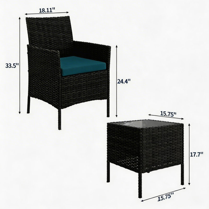 3-Piece Outdoor Patio Bistro Set - Weather Resistant Rattan Wicker Chairs with Peacock Blue Cushions & Glass Top Table, for Garden, Porch, Poolside (Black+Beige)