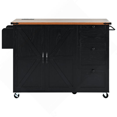 54.5" Farmhouse Kitchen Island With Power Outlet, Kitchen Storage Island  With Internal Storage Rack, Drop Leaf, Spice Rack, Rolling Kitchen Cart On Wheels, For Home, Kitchen And Dining Room