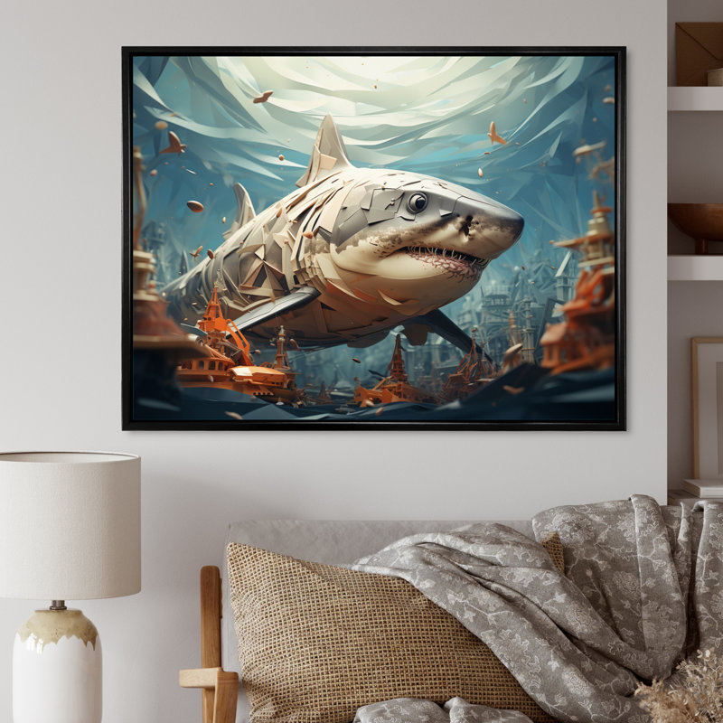 " Shark Coastal Guardian ", 16" H x 32" W x 1" D, Black Floater Framed