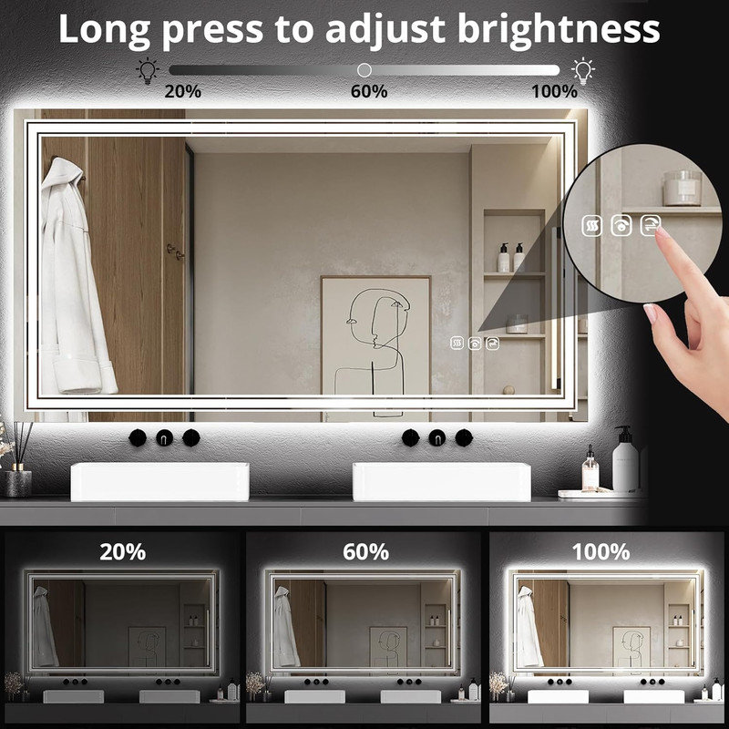 LED Bathroom Mirror with Lights, Dimmable Anti-Fog Smart Vanity Mirror with Memory Function, 30" x 55"