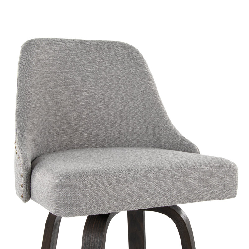 Tabouret de bar clouté 30 po à hauteur fixe avec pieds en bois cintré et repose-pieds rond - ensemble de 2, Light Grey/Brass