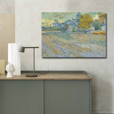 Peinture sur toile Van Gogh, «Vue de l'asile et de la chapelle Saint-Remy», 27,6 po x 39,4 po | Toile 100% suède, cadre en bois de 1,2 po | Superbe art pour la décoration intérieure, parfait pour les amateurs d'art