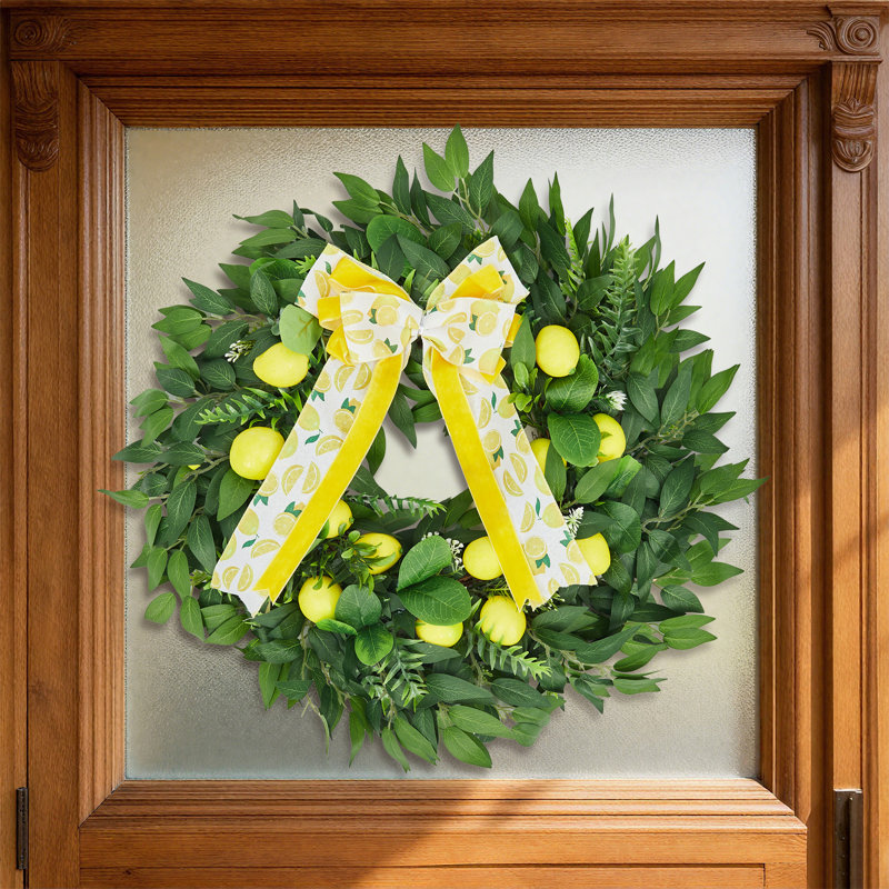 Couronne de citron de 24 pouces pour la porte d'entrée, couronne de fruits printemps-été avec citron artificiel, arc et vigne pour les décorations de fenêtres murales