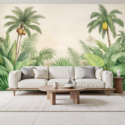 Papier peint adhésif de style moderne moderne avec feuilles de palmier tropical, jungle botanique, style aquarelle rétro H 69 po x l 96 po, papier mural amovible en PVC pour décoration de salon