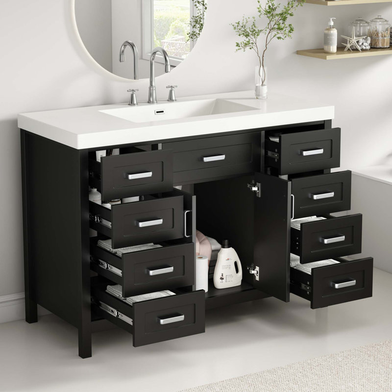 Meuble-lavabo 48 po avec lavabo, 2 portes et 8 tiroirs, système de fermeture en douceur, conception classique, Noir