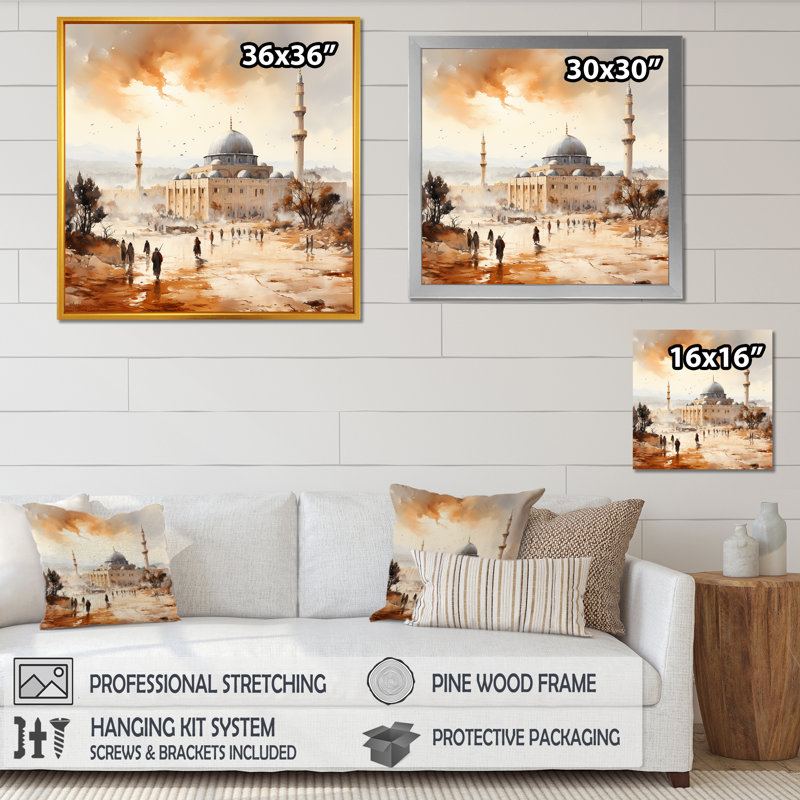 «Mosquée», art mural, Cadre flottant doré, H 30 po x l 30 po x P 1,5 po