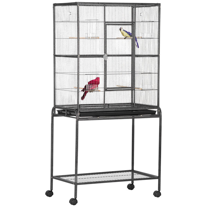 Cage à oiseau 1 pièce en métal / acier / plastique noir, gris avec support roulant