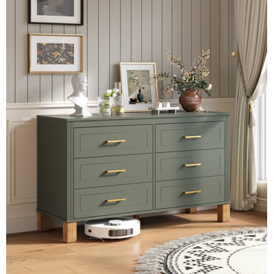 Commode double 6 tiroirs en vert olive, armoire de rangement moderne avec poignées en métal et pieds en bois massif, organisateur de tiroir pour chambre d'enfant, commode en bois robuste avec préinstallé