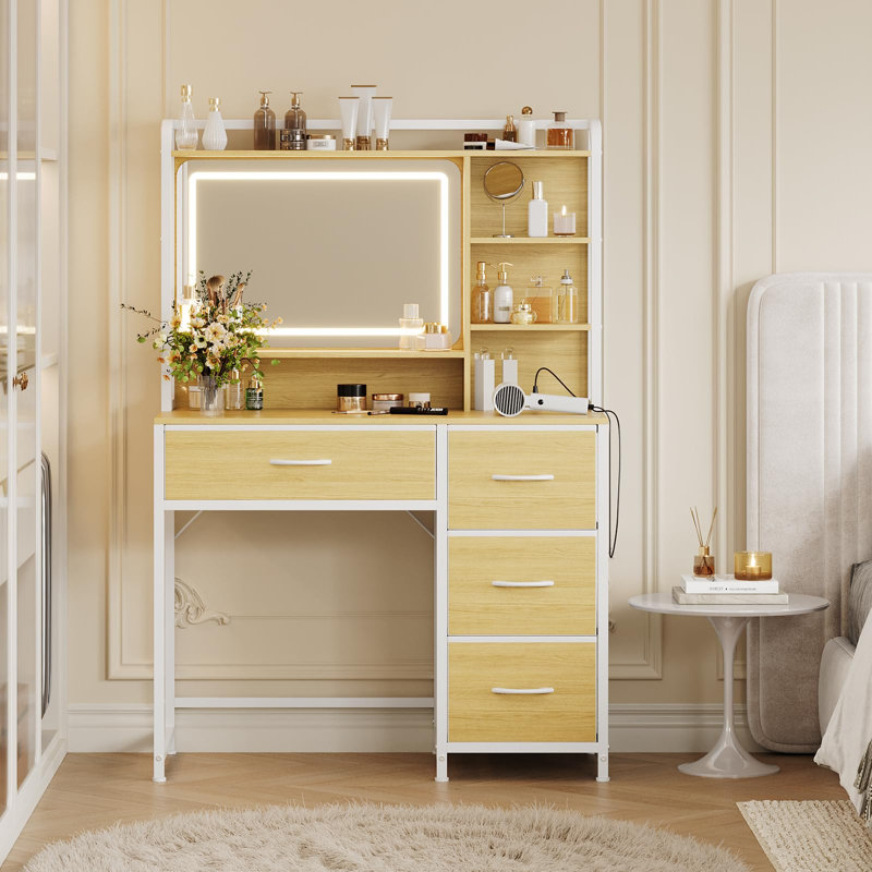 Bureau de coiffeuse avec miroir, coiffeuse de maquillage avec 3 lumières réglables, coiffeuse avec 4 tiroirs de rangement et tablettes ouvertes, coiffeuse avec station de charge, rangement moderne pour la chambre à coucher