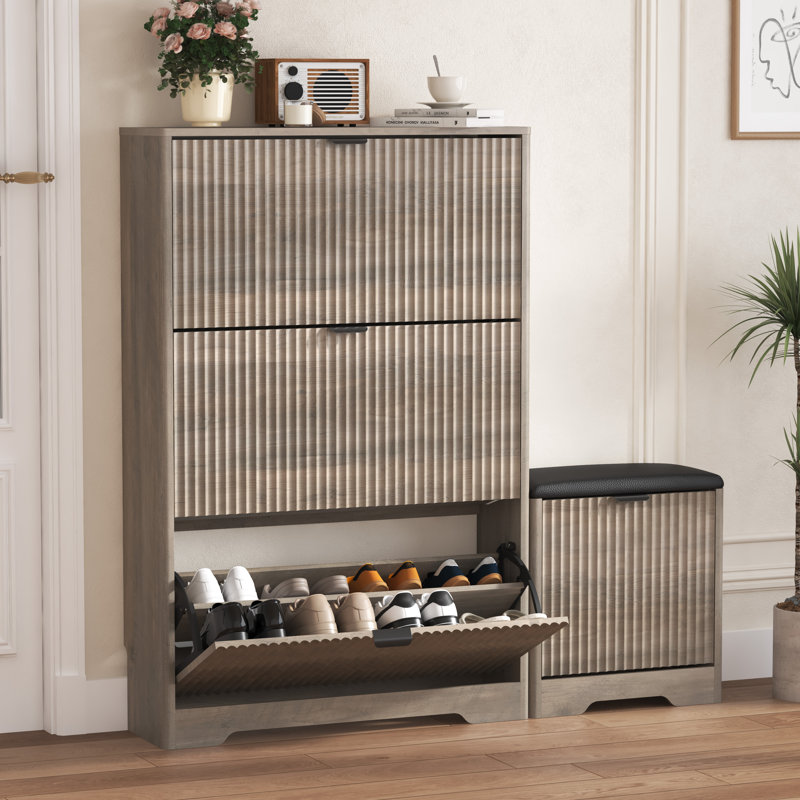 47-inch Three-Door Shoe Cabinet with Built-in Bench and Three Flip-Top Drawers Anti-tip and waterproof design Ideal for compact living spaces