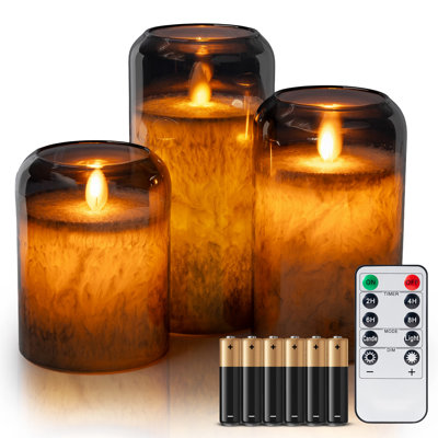 Round Hurricane LED Candles with Mirrored Glass, Moving Wick Flickering Flame, Real Wax Pillars, Battery Operated (Included), Remote & Timer (Set of 3, Silver Gray Metallic)