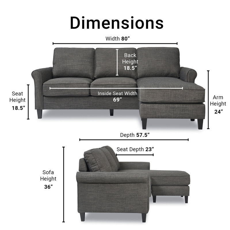 Serta Harmon Upholstered Reversible Sectional Sofa and Chaise, Dark Gray, Square Arms