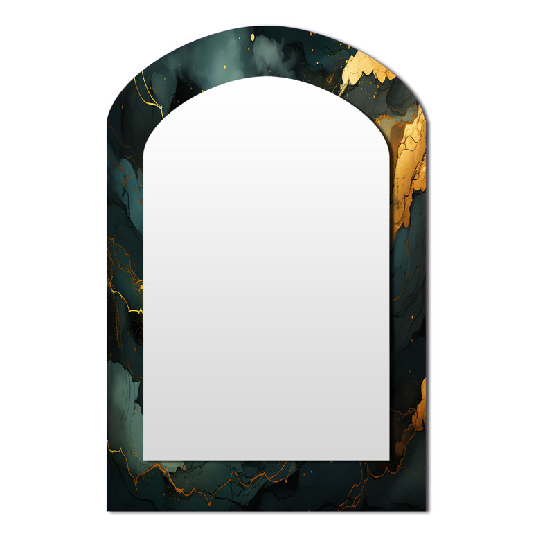 Gold and Green Abstract marble Aura III - Marble Asymmetrical Decorative Mirror, Modern Arch Large Wall Mirror, Printed Metal Art