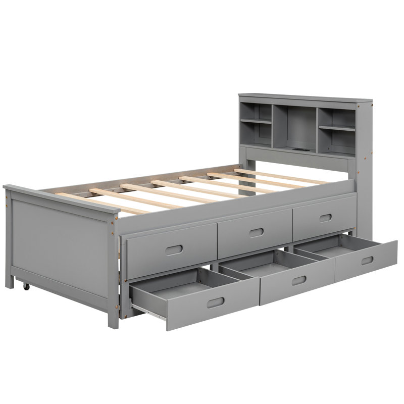 Lit plateforme simple gris avec rangement et 3 tiroirs et un lit gigogne pour les tiroirs pratiques, fabrication en bois massif