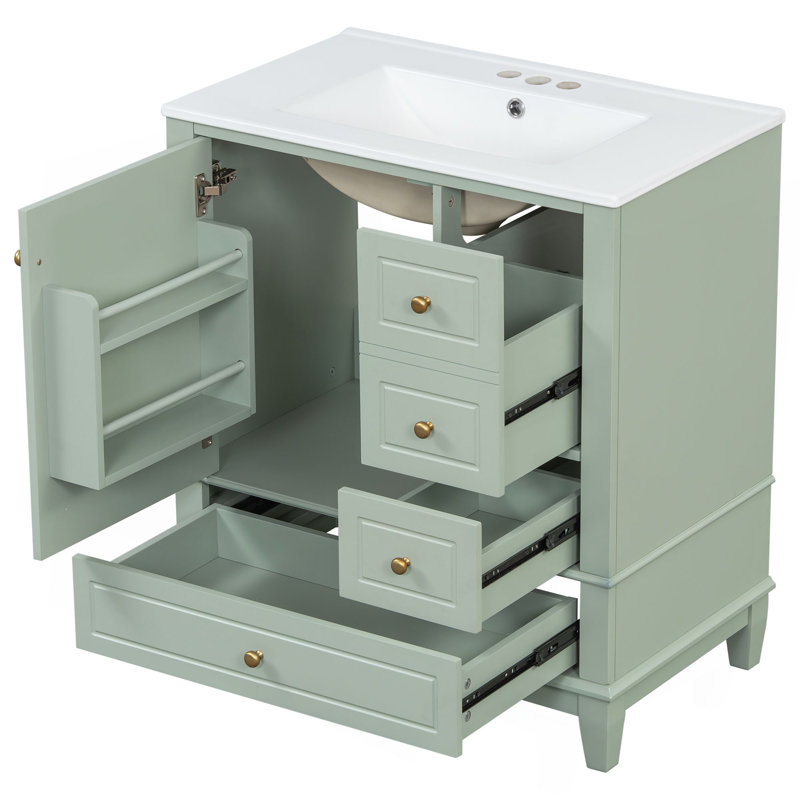 Meuble-lavabo 30 po avec lavabo, une porte avec tablette et trois tiroirs, porte à fermeture en douceur, Light Green/Gold
