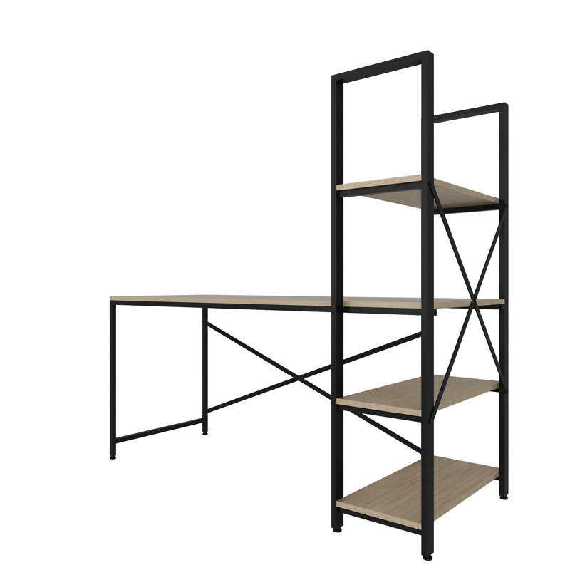 Modern Study Desk with Bookshelf, Oak & Black, 63.0 x 29.5 x 23.6 inches | 100% Melamine Coated Particle Board, Metal Frame, Multiple Shelves for Extra Storage, Ideal for Home Office & Study Spaces