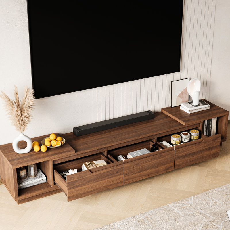 Extendable Tv Stand With Drawers, Contemporary Tv Stand With Up To 100“ Tv, Adjustable Length Entertainment Center, Modern Media Console For Living Room, Walnut (Extendable: 65.75 ”W - 102.95 "W)