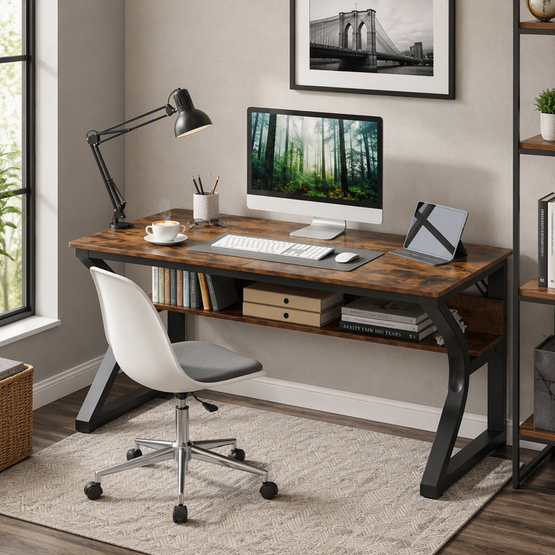 Bureau d'ordinateur de 47 po, bureau avec rangement, grand espace pour les jambes, table d'étude robuste en métal en forme de U, bureaux à domicile pour l'écriture de jeux vidéo, brun rustique