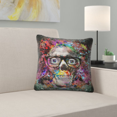 Colorful Human Skull with Glasses - Abstract Printed Pillow