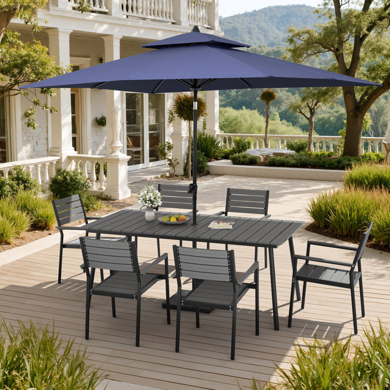 Ensemble repas pour 6 personnes en aluminium avec chaises empilables, parasol de patio et base lestée, Marine, Gris
