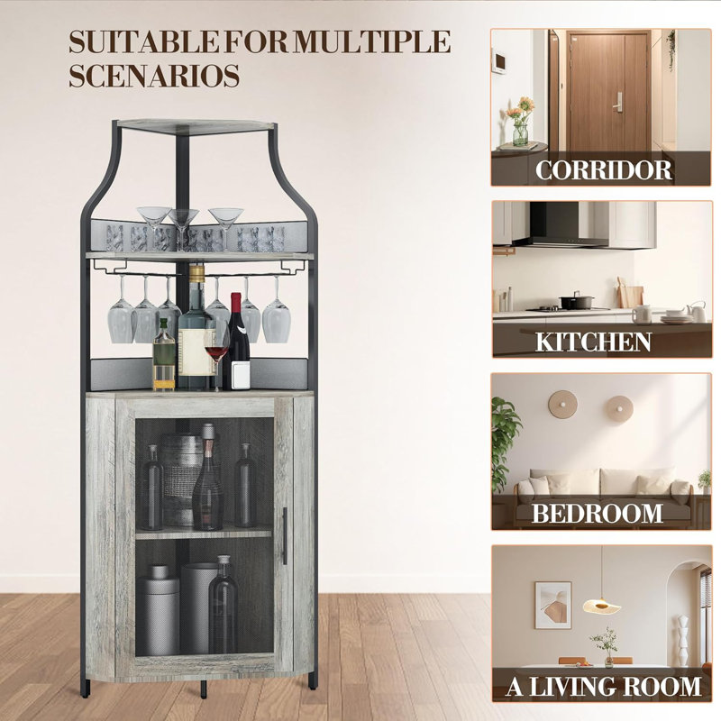 Bar rustique à 5 niveaux avec porte verrouillable, support en verre et tablettes réglables pour la salle à manger, Gris