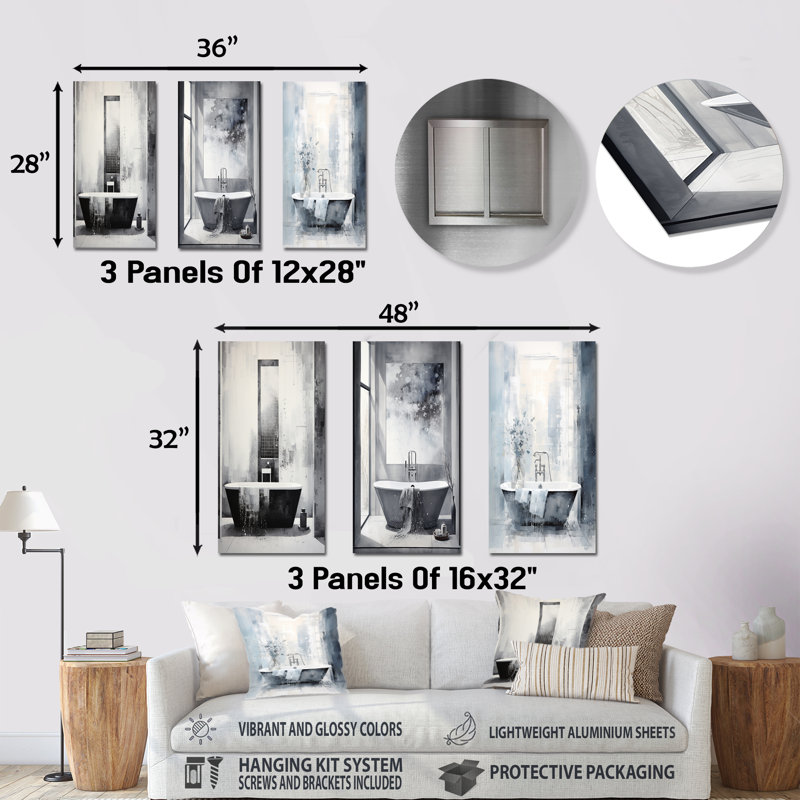 «Bathroom Minimalist Elegance I», ensemble d'art mural en métal pour salle de bain, ensemble de 3, H 28 po x l 36 po
