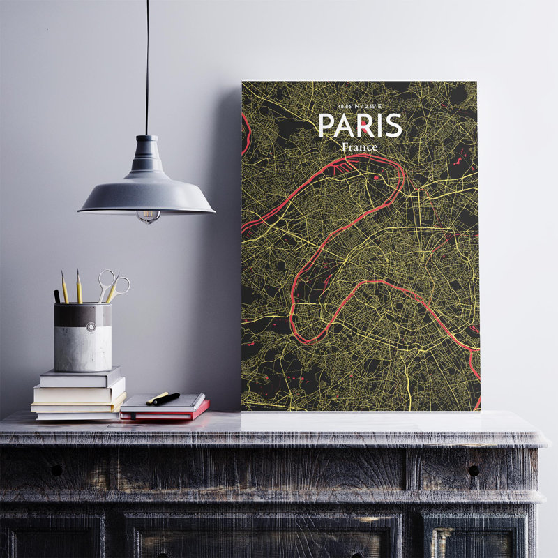 Carte de Paris, impression nautique, H 27,6 po x l 19,7 po x P 0,05 po, Noir / rouge / jaune