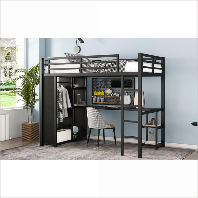Twin XL Metal Loft Bed Frame with Built-in Wardrobe, Desk &amp; Storage Shelves - Black, Space-Saving for Small Rooms