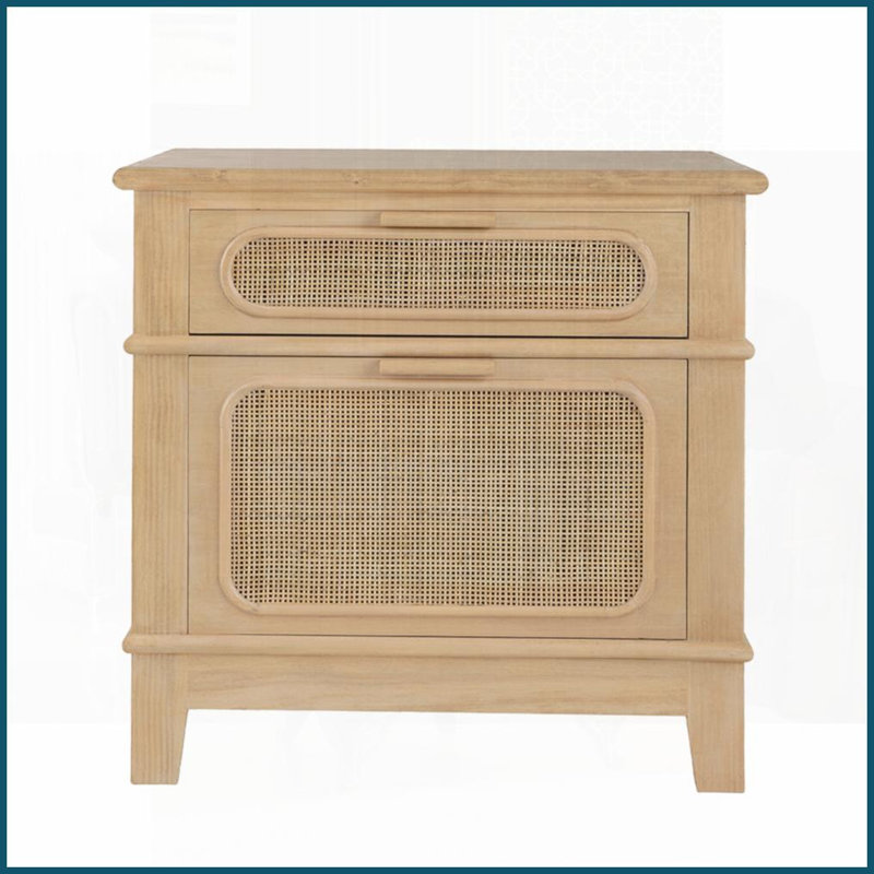Table basse Coastal Bohemian avec placage en bois de pin & amp; Caning encastré, style Mid-Century peu encombrant pour le salon