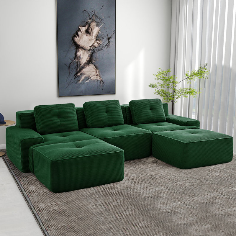 Canapé modulaire en forme de U de 117 po pour salon, tissu velours côtelé 117 po, Vert