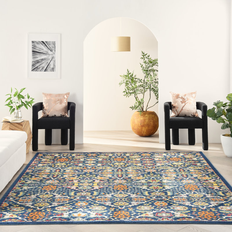 Tapis oriental bleu marine / jaune / blanc Whiteley, Rectangle 7 pi x 10 pi