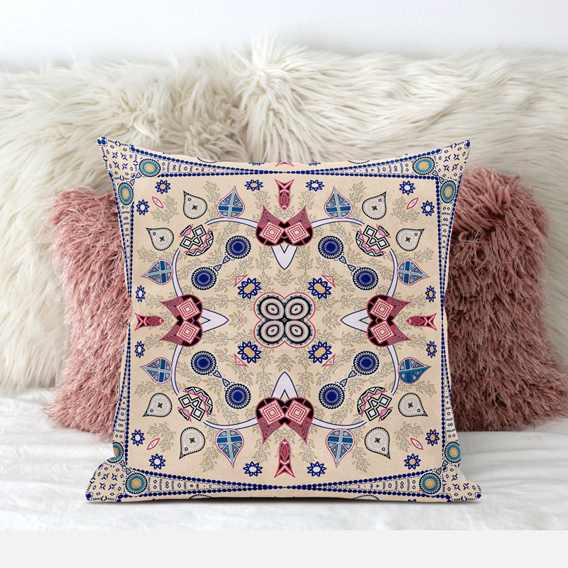 Housse et insert de coussin décoratif en polyester, 16 po x 16 po, Beige / indigo / rouge