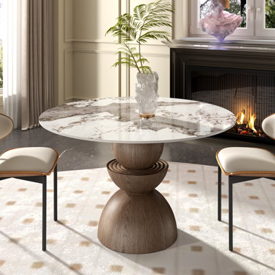 Table de salle à manger ronde moderne avec socle en bois massif et plateau en pierre frittée pour les sièges 2-6