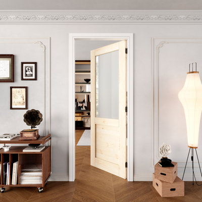 Interior Half‑Lite Pine Wood & Frosted Glass Door, Colonial Style Solid Pine Wood Single Slab Door, SGCC Certified Tempered Glass, Unfinished & Paintable, w/o Hardware, Pantry, Bedroom, Bathroom & Closet, for Prehung, French & Pocket Door, 32"x 80"