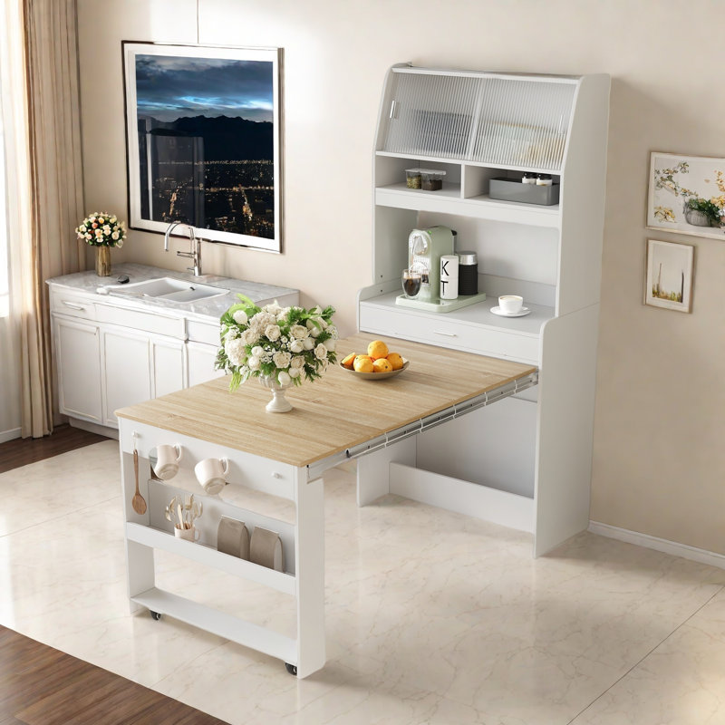Buffet With Hutch And Foldable Dining Table, Storage Shelves, Side Hooks And A Cabinet With Sliding Doors, Natural/White