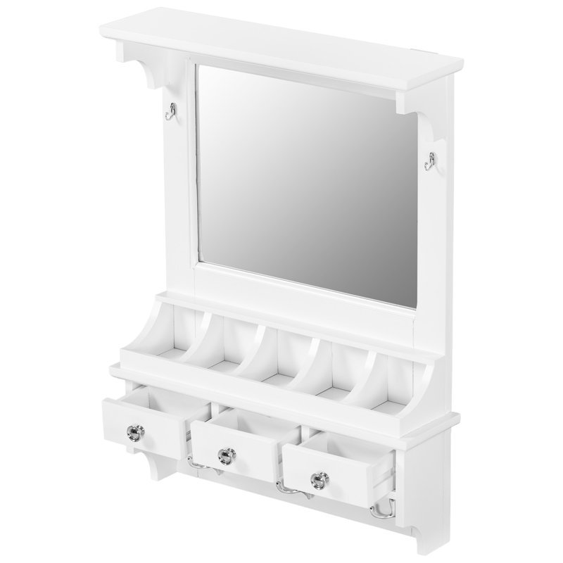White Space - Saving Floating Makeup Vanity With Big Mirror, Wall Mounted Storage 3 Drawers, 5 Pockets & Hooks Unit For Small Decor