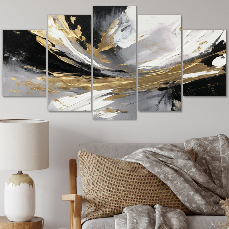 Golden River Wildness abstrait doré et noir II - art mural abstrait salon - 5 panneaux