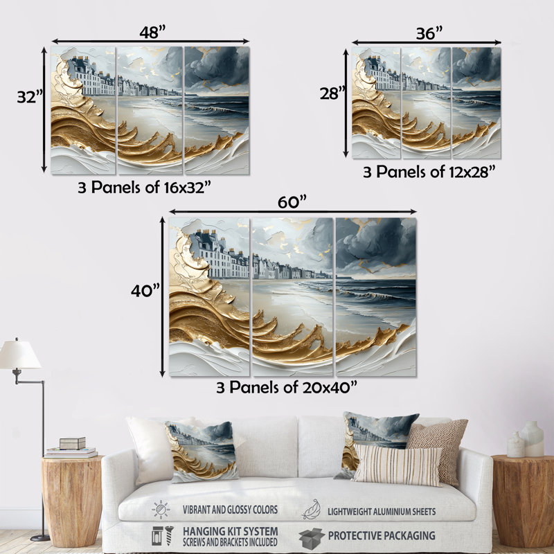 Ensemble de décorations murales bleues et dorées sur la plage d'Aberdeen en Écosse I, Métal métal, H 40 po x l 60 po x P 1 po