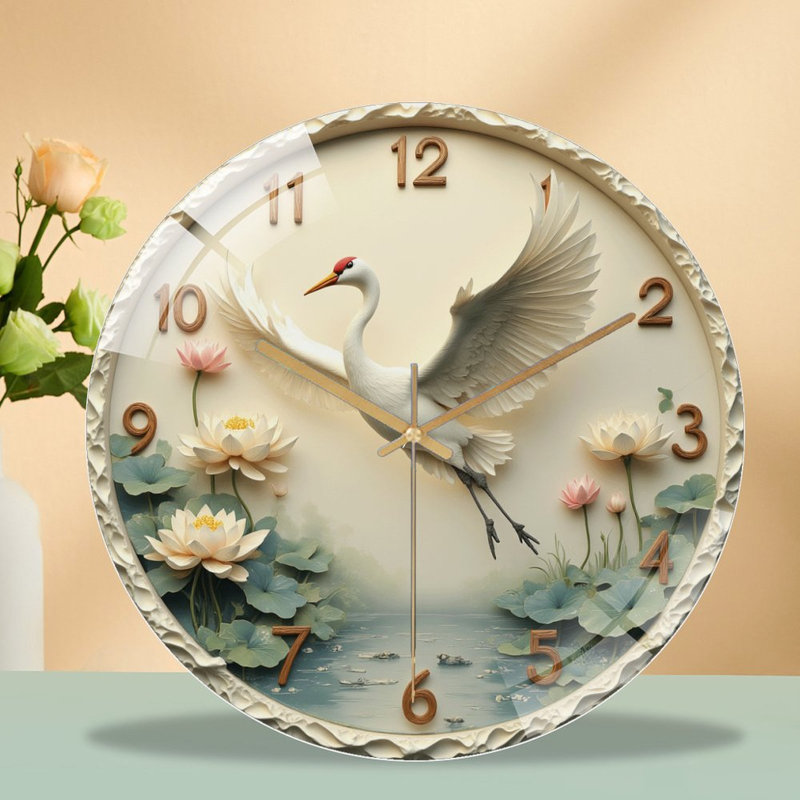 Horloge murale silencieuse en verre trempé de 30 cm, « Horloge Grue Élégante », sans tic-tac, fonctionne avec des piles AA (non incluses), décoration artistique pour la maison