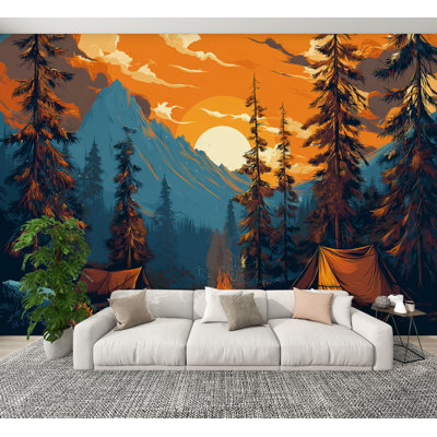 Peel and Stick Wallpaper Mountain Forest Camping Scene Sunset Tents Campfire Wall Murals 100"H x 144"W Removable PVC Wall Paper Self-Adhesive Wall Decor for Boys Men Bedroom Living Room Home Office