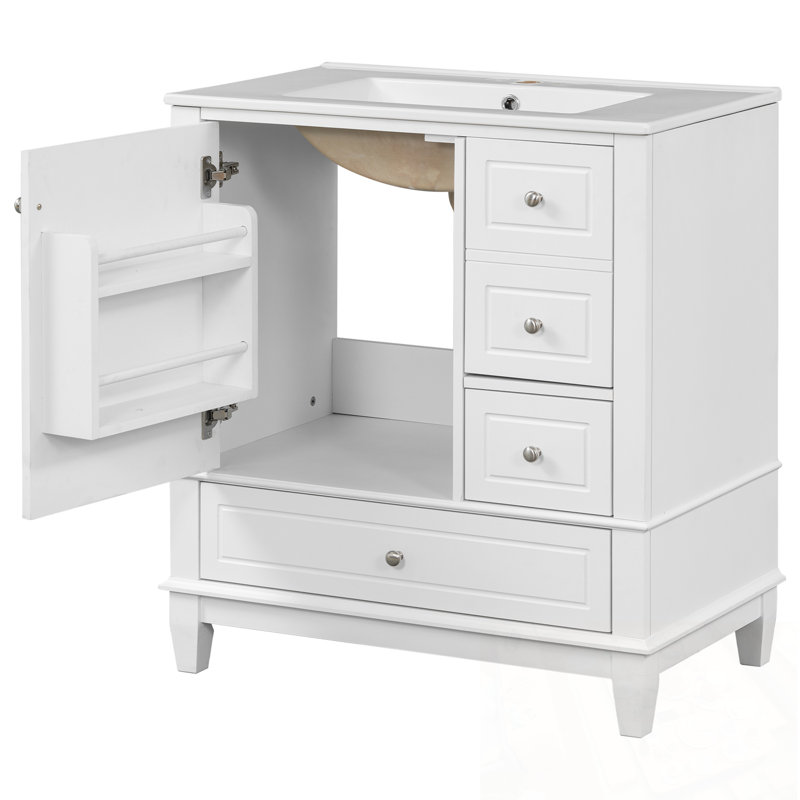 Meuble-lavabo avec lavabo, tablette et trois tiroirs, Blanc