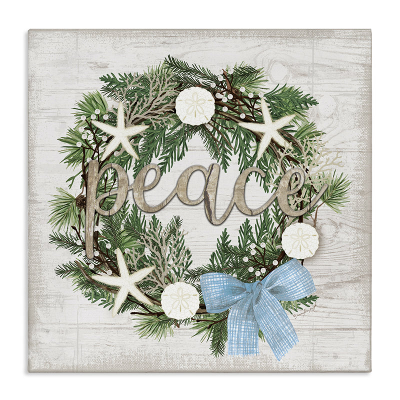 Art mural sur toile Coastal Christmas Peace Wreath, design par Jennifer Pugh, H 24 po x l 24 po