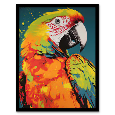 Adaha Macaw Parrot Neon Orange Green On Teal Exotic Bird - Single Picture Frame Print