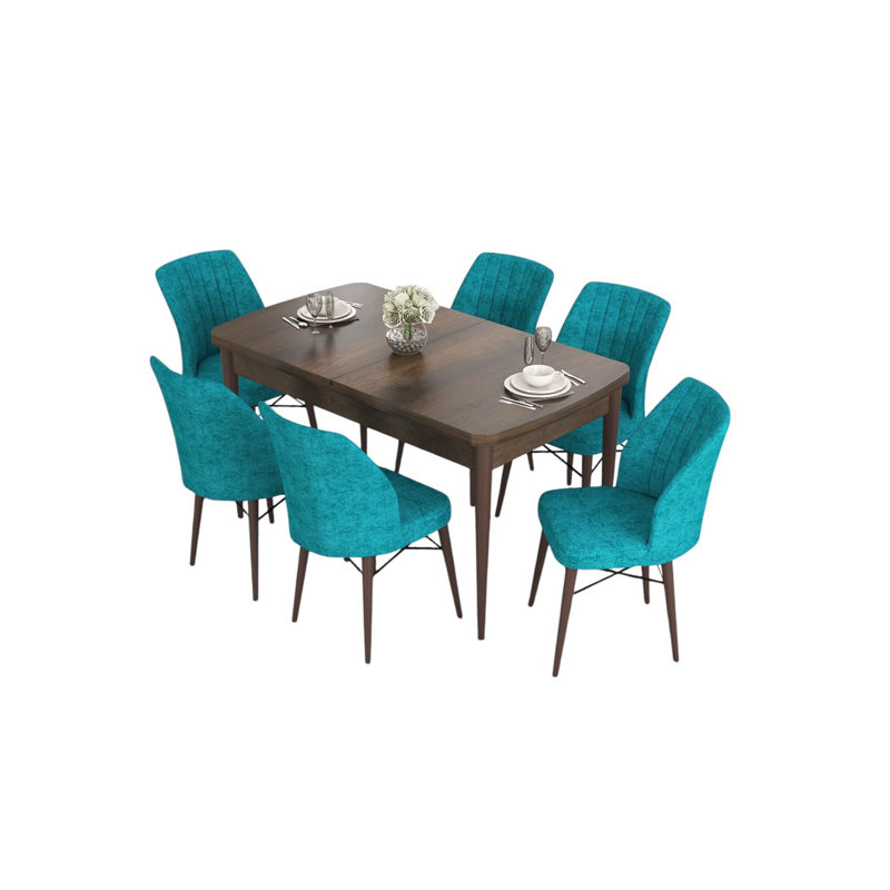 Ensemble de table et chaises de salle à manger extensible Modern (7 pièces), baroque et turquoise | 100% panneau de fibres à densité moyenne avec pieds en bois et structure de chaise en métal | Table: 51,9 x 30,7 x 31,0 pouces (ouverte: 66,9 x 30,7 x 31,0 pouces) | Siège confortable en mousse
