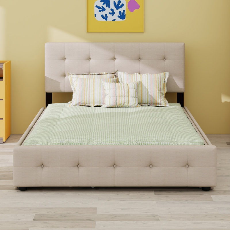 Lit plateforme tapissier avec 2 tiroirs et lit gigogne, Beige